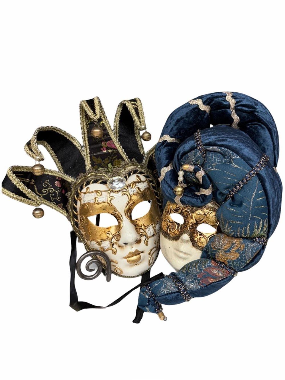 Pair Handmade Venetian Jester Masks Italy Teal Gold Carnival Wall Decor
